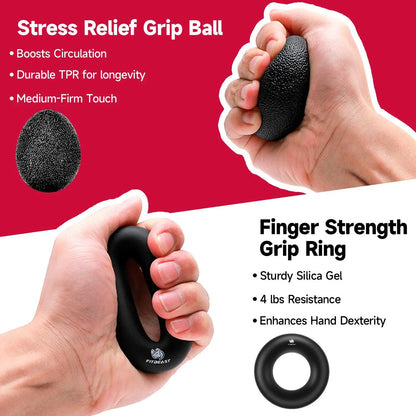 【Fitbeast】Funny Hand Grip Strengthener Workout Kit (5 Pack) Forearm Trainer Kit with Adjustable Resistance Forearm Gripper, Finger Exerciser, Grip Ring, Finger Stretcher & Stress Relief Grip Ball – Forearm Workout & Grip Strength Kit