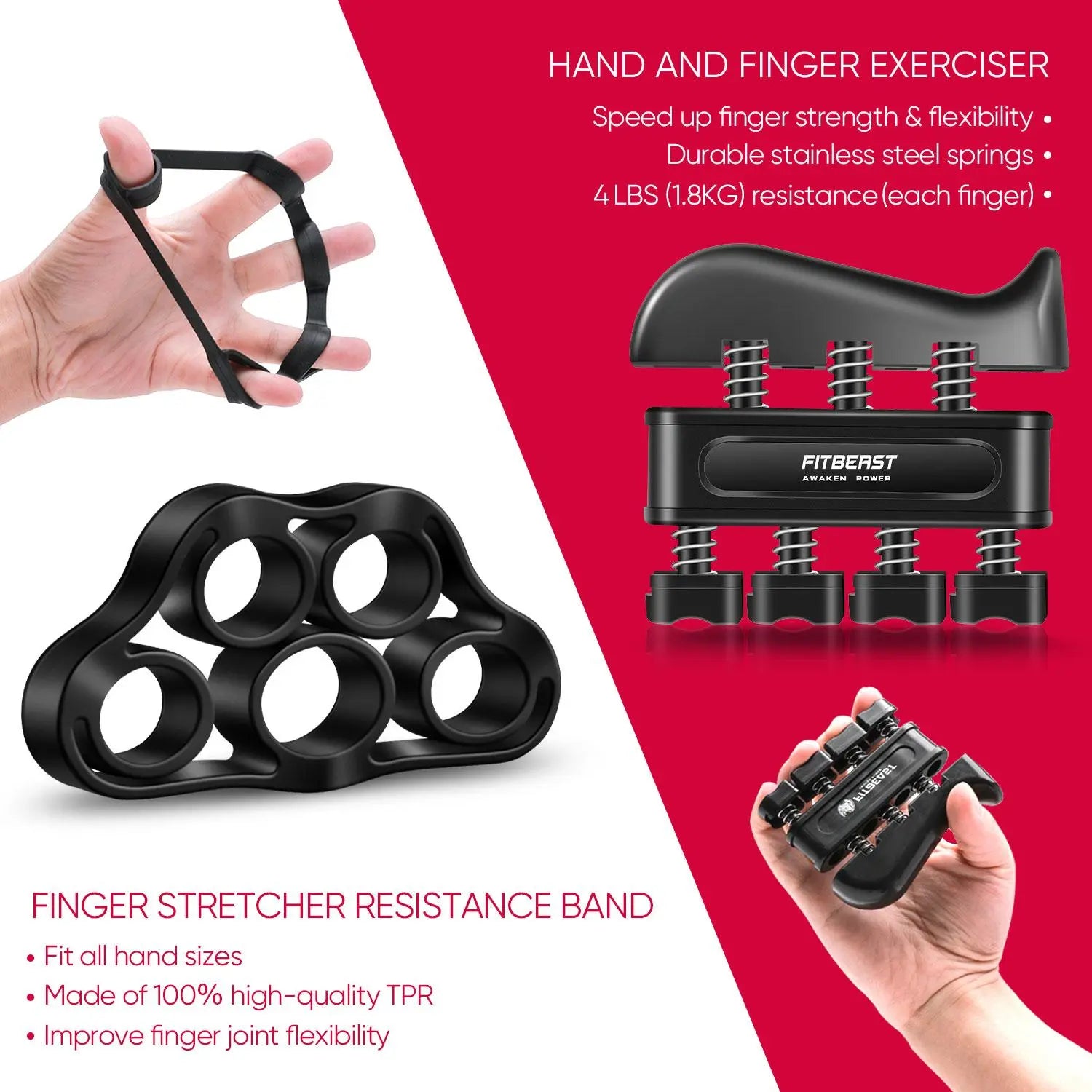 【Fitbeast】Funny Hand Grip Strengthener Workout Kit (5 Pack) Forearm Trainer Kit with Adjustable Resistance Forearm Gripper, Finger Exerciser, Grip Ring, Finger Stretcher & Stress Relief Grip Ball – Forearm Workout & Grip Strength Kit