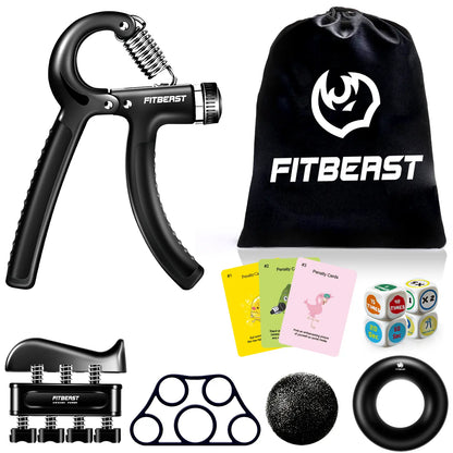 【Fitbeast】Funny Hand Grip Strengthener Workout Kit (5 Pack) Forearm Trainer Kit with Adjustable Resistance Forearm Gripper, Finger Exerciser, Grip Ring, Finger Stretcher & Stress Relief Grip Ball – Forearm Workout & Grip Strength Kit