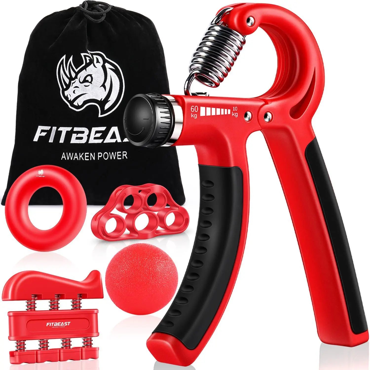 【Fitbeast】Funny Hand Grip Strengthener Workout Kit (5 Pack) Forearm Trainer Kit with Adjustable Resistance Forearm Gripper, Finger Exerciser, Grip Ring, Finger Stretcher & Stress Relief Grip Ball – Forearm Workout & Grip Strength Kit