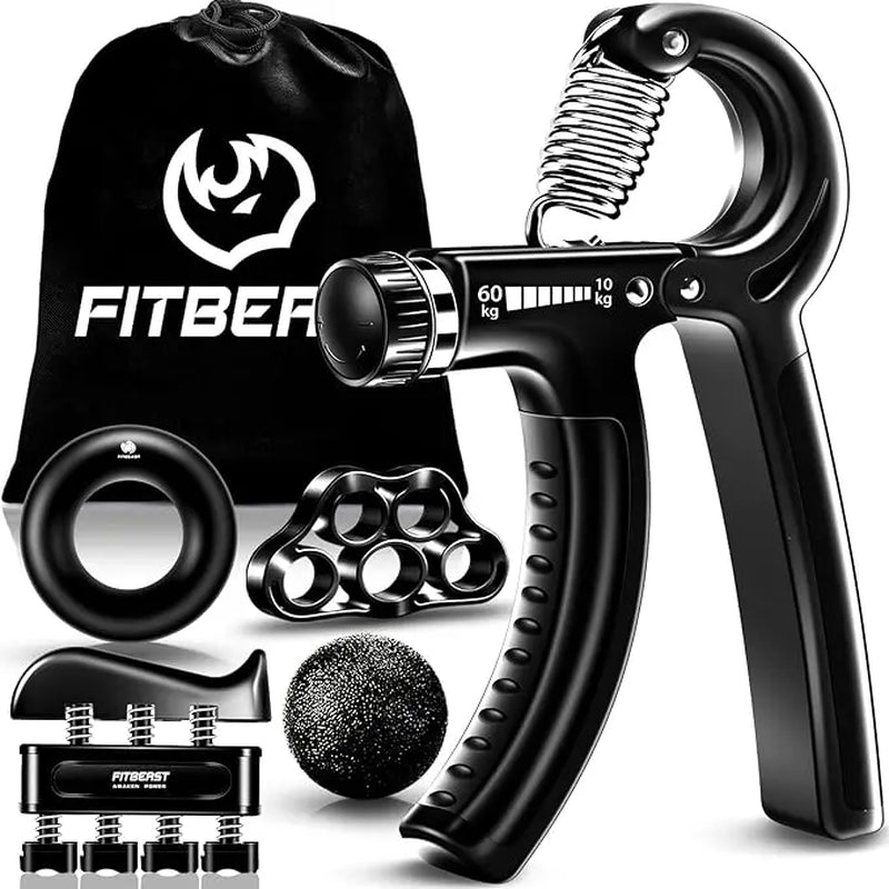【Fitbeast】Funny Hand Grip Strengthener Workout Kit (5 Pack) Forearm Trainer Kit with Adjustable Resistance Forearm Gripper, Finger Exerciser, Grip Ring, Finger Stretcher & Stress Relief Grip Ball – Forearm Workout & Grip Strength Kit