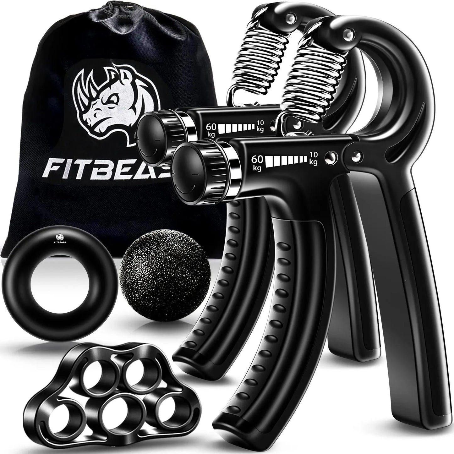 【Fitbeast】Funny Hand Grip Strengthener Workout Kit (5 Pack) Forearm Trainer Kit with Adjustable Resistance Forearm Gripper, Finger Exerciser, Grip Ring, Finger Stretcher & Stress Relief Grip Ball – Forearm Workout & Grip Strength Kit