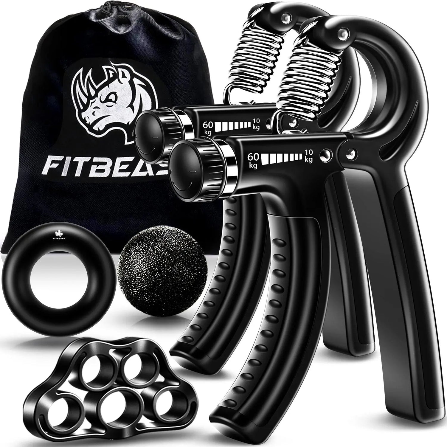 【Fitbeast】Funny Hand Grip Strengthener Workout Kit (5 Pack) Forearm Trainer Kit with Adjustable Resistance Forearm Gripper, Finger Exerciser, Grip Ring, Finger Stretcher & Stress Relief Grip Ball – Forearm Workout & Grip Strength Kit