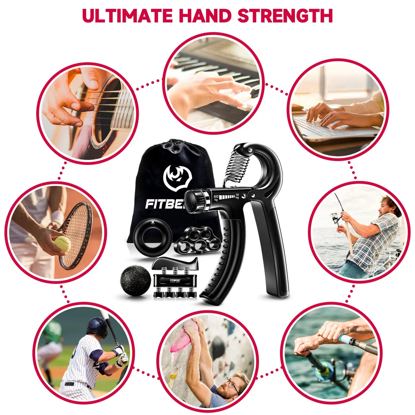 【Fitbeast】Funny Hand Grip Strengthener Workout Kit (5 Pack) Forearm Trainer Kit with Adjustable Resistance Forearm Gripper, Finger Exerciser, Grip Ring, Finger Stretcher & Stress Relief Grip Ball – Forearm Workout & Grip Strength Kit