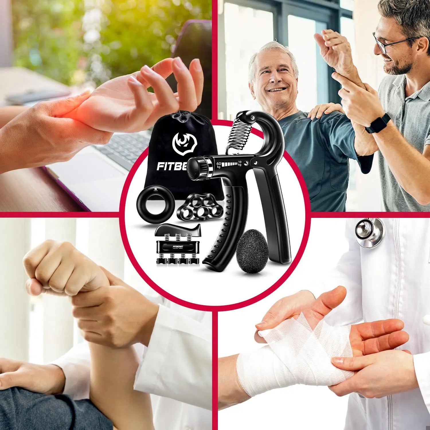 【Fitbeast】Funny Hand Grip Strengthener Workout Kit (5 Pack) Forearm Trainer Kit with Adjustable Resistance Forearm Gripper, Finger Exerciser, Grip Ring, Finger Stretcher & Stress Relief Grip Ball – Forearm Workout & Grip Strength Kit