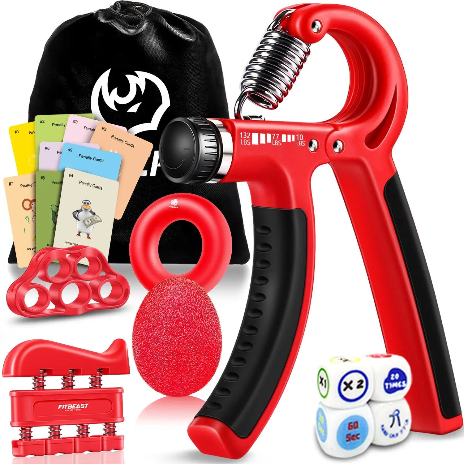 【Fitbeast】Funny Hand Grip Strengthener Workout Kit (5 Pack) Forearm Trainer Kit with Adjustable Resistance Forearm Gripper, Finger Exerciser, Grip Ring, Finger Stretcher & Stress Relief Grip Ball – Forearm Workout & Grip Strength Kit