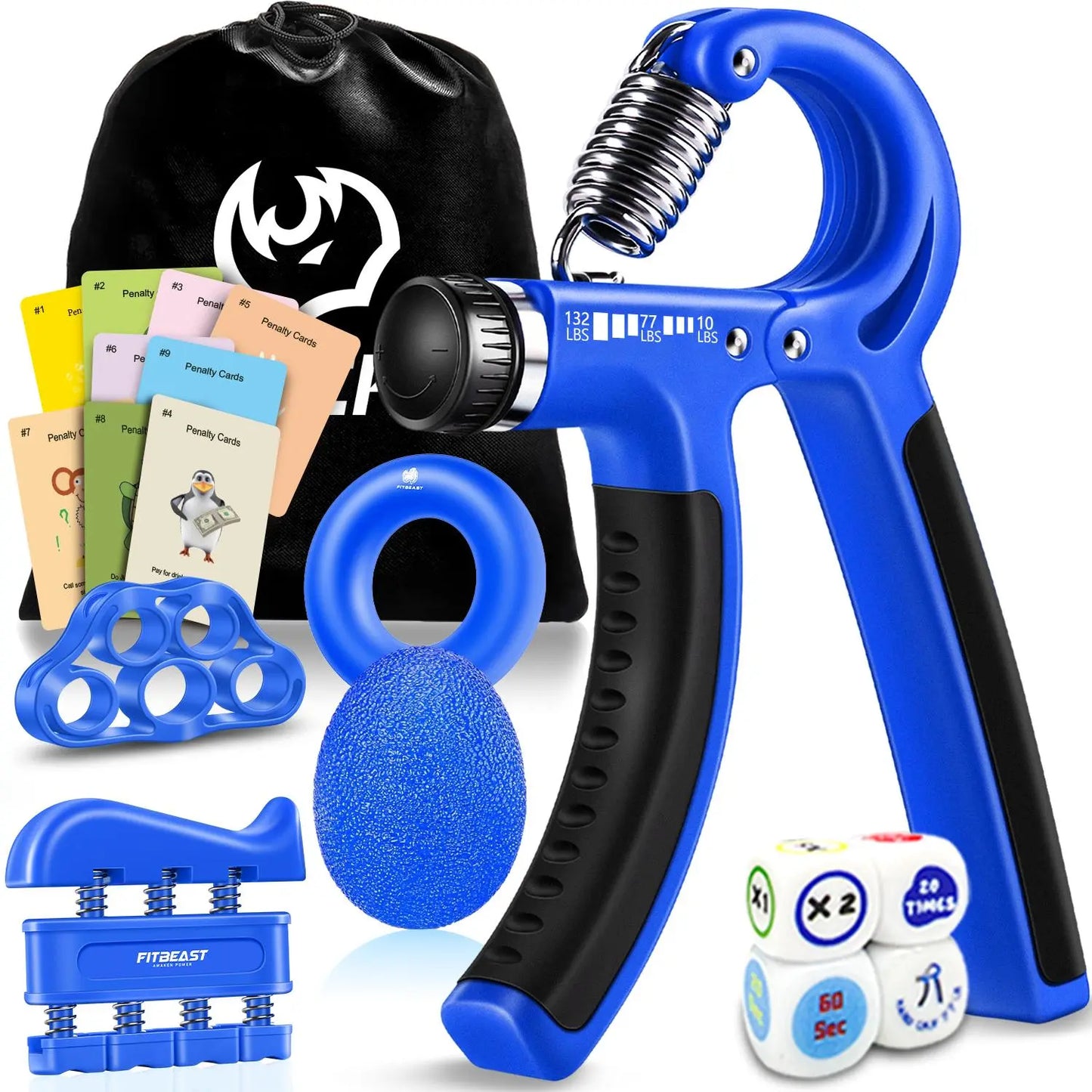 【Fitbeast】Funny Hand Grip Strengthener Workout Kit (5 Pack) Forearm Trainer Kit with Adjustable Resistance Forearm Gripper, Finger Exerciser, Grip Ring, Finger Stretcher & Stress Relief Grip Ball – Forearm Workout & Grip Strength Kit