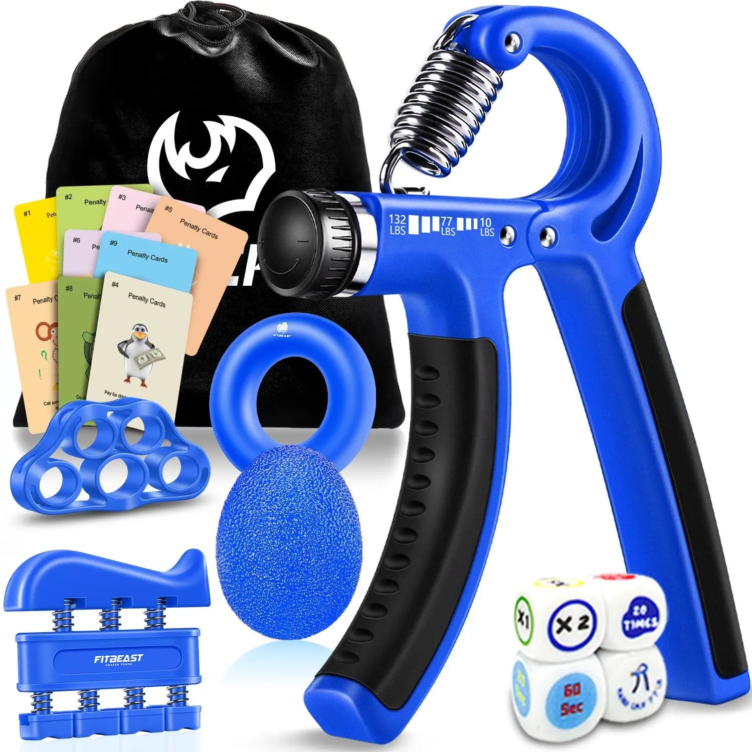 【Fitbeast】Funny Hand Grip Strengthener Workout Kit (5 Pack) Forearm Trainer Kit with Adjustable Resistance Forearm Gripper, Finger Exerciser, Grip Ring, Finger Stretcher & Stress Relief Grip Ball – Forearm Workout & Grip Strength Kit