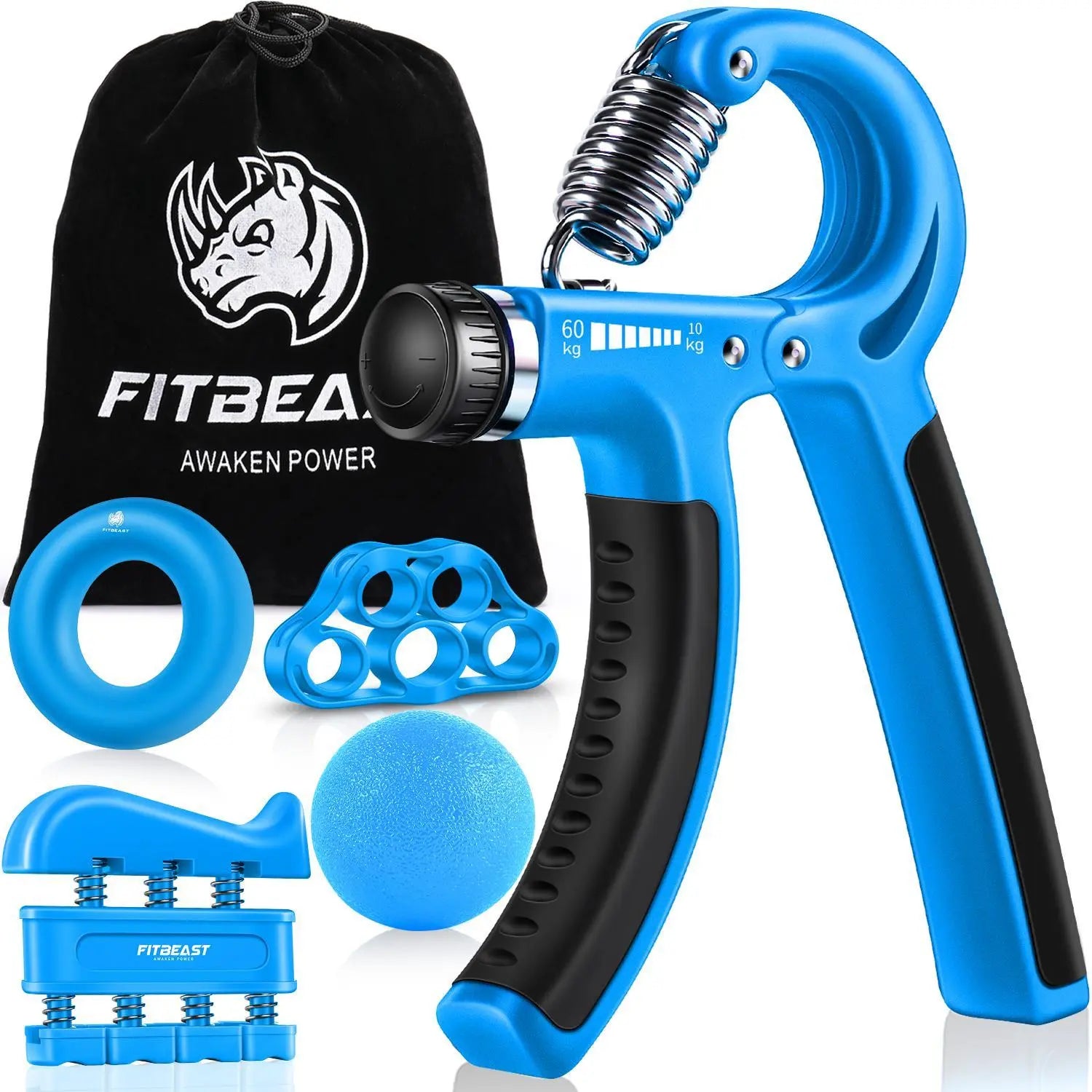 【Fitbeast】Funny Hand Grip Strengthener Workout Kit (5 Pack) Forearm Trainer Kit with Adjustable Resistance Forearm Gripper, Finger Exerciser, Grip Ring, Finger Stretcher & Stress Relief Grip Ball – Forearm Workout & Grip Strength Kit